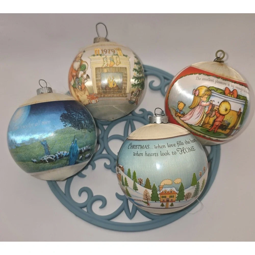 Vintage 1979 Christmas Satin Ball Ornaments 3 Hallmark 1 Joan Walsh Anglund -800